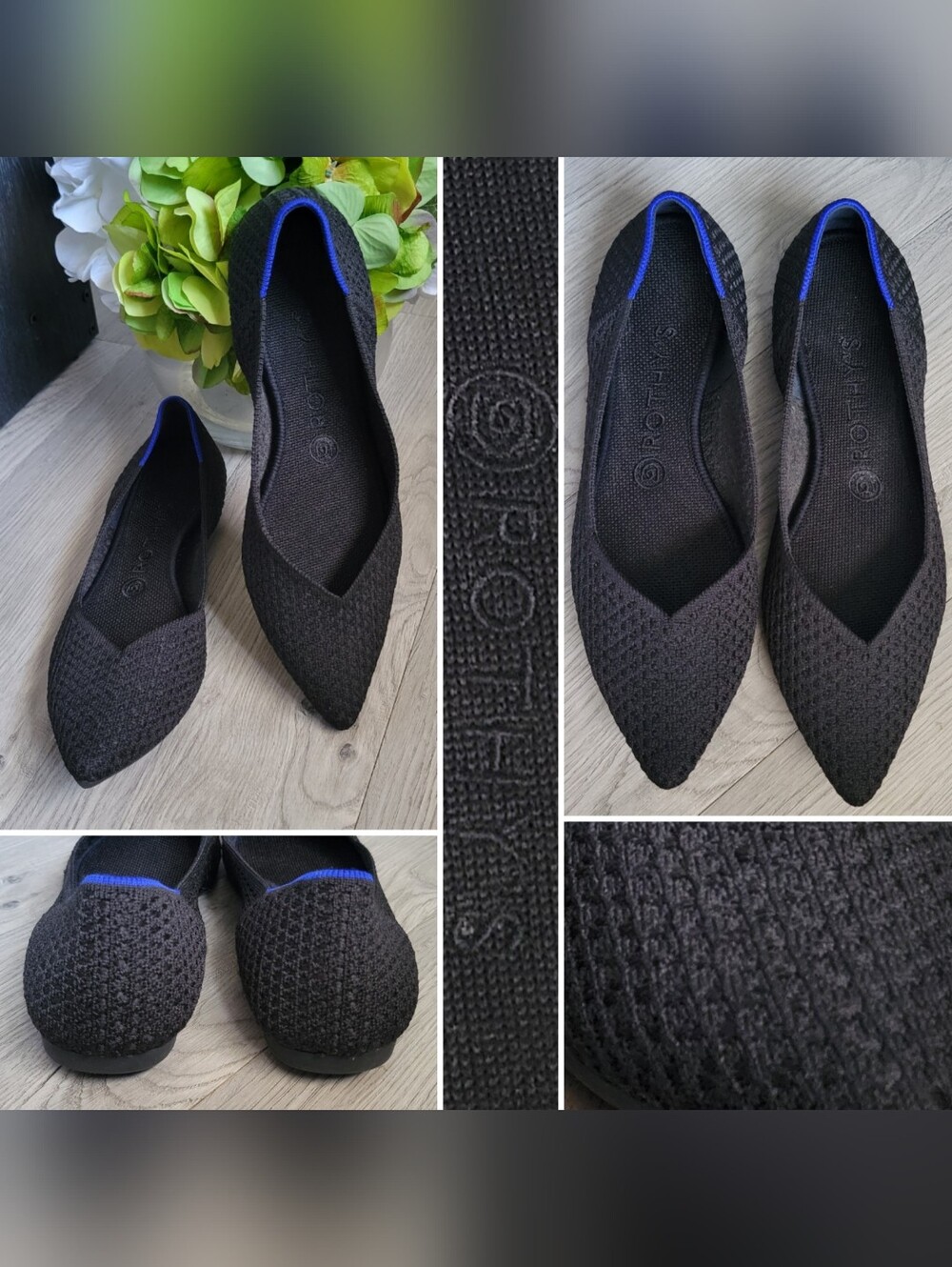 Rothy's The Point Black Honeycomband Pattern Flats, Women's US 8.5 EU 39